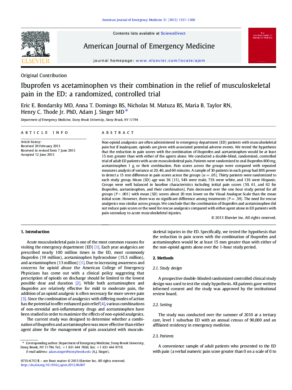 Ibuprofen vs acetaminophen vs their combination in the relief of musculoskeletal pain in the ED: a randomized, controlled trial