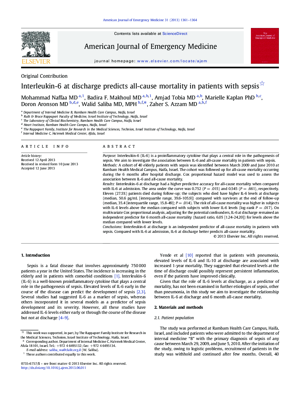 Interleukin-6 at discharge predicts all-cause mortality in patients with sepsis 