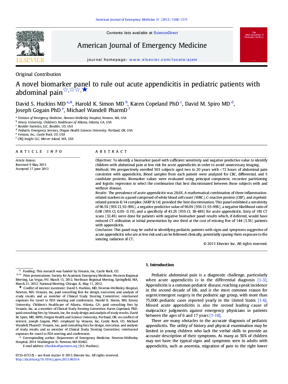 A novel biomarker panel to rule out acute appendicitis in pediatric patients with abdominal pain ★