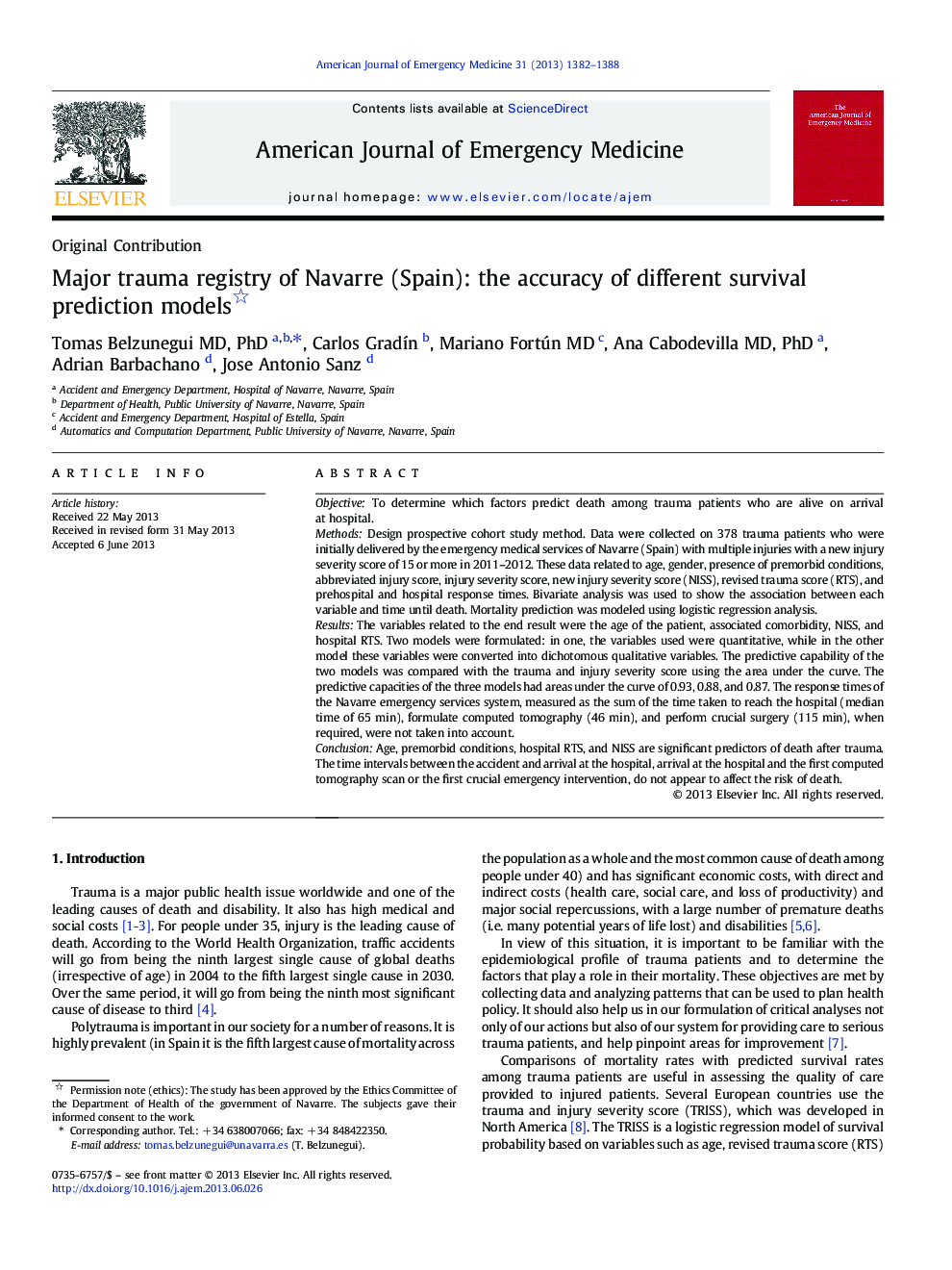 Major trauma registry of Navarre (Spain): the accuracy of different survival prediction models 
