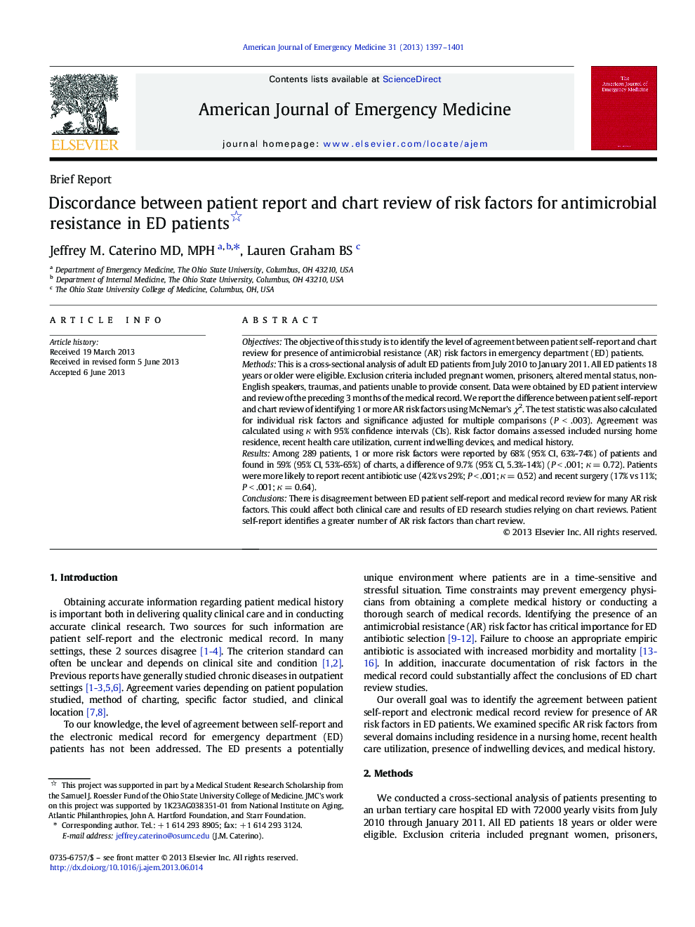 Discordance between patient report and chart review of risk factors for antimicrobial resistance in ED patients 