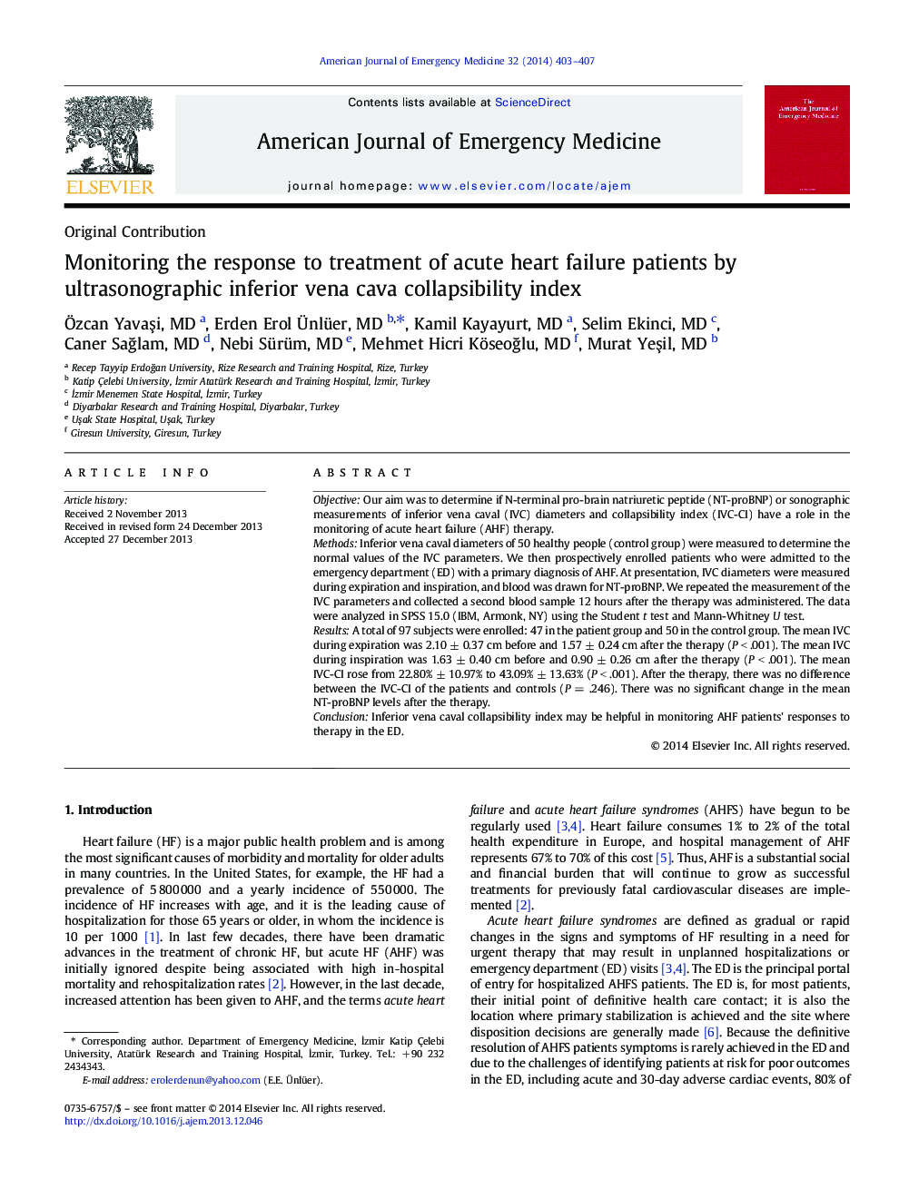 Monitoring the response to treatment of acute heart failure patients by ultrasonographic inferior vena cava collapsibility index