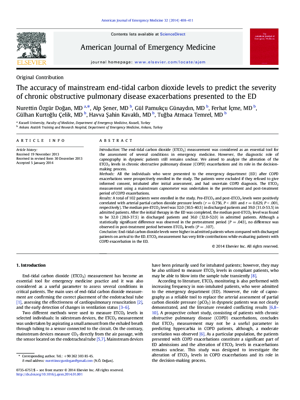 The accuracy of mainstream end-tidal carbon dioxide levels to predict the severity of chronic obstructive pulmonary disease exacerbations presented to the ED