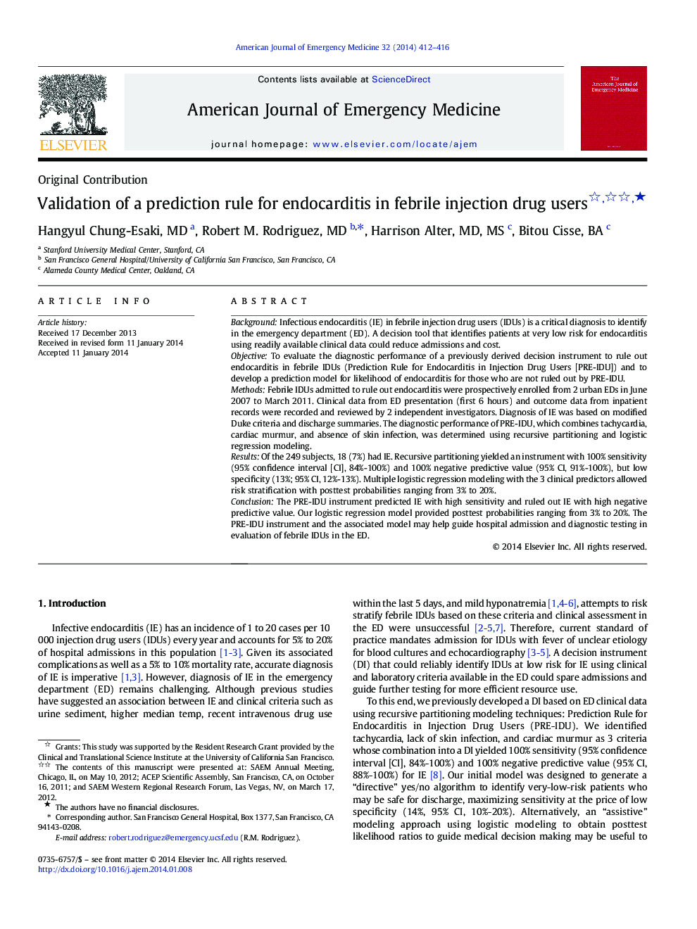 Validation of a prediction rule for endocarditis in febrile injection drug users ★