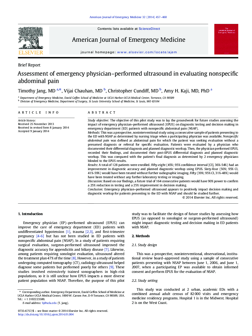 Assessment of emergency physician–performed ultrasound in evaluating nonspecific abdominal pain