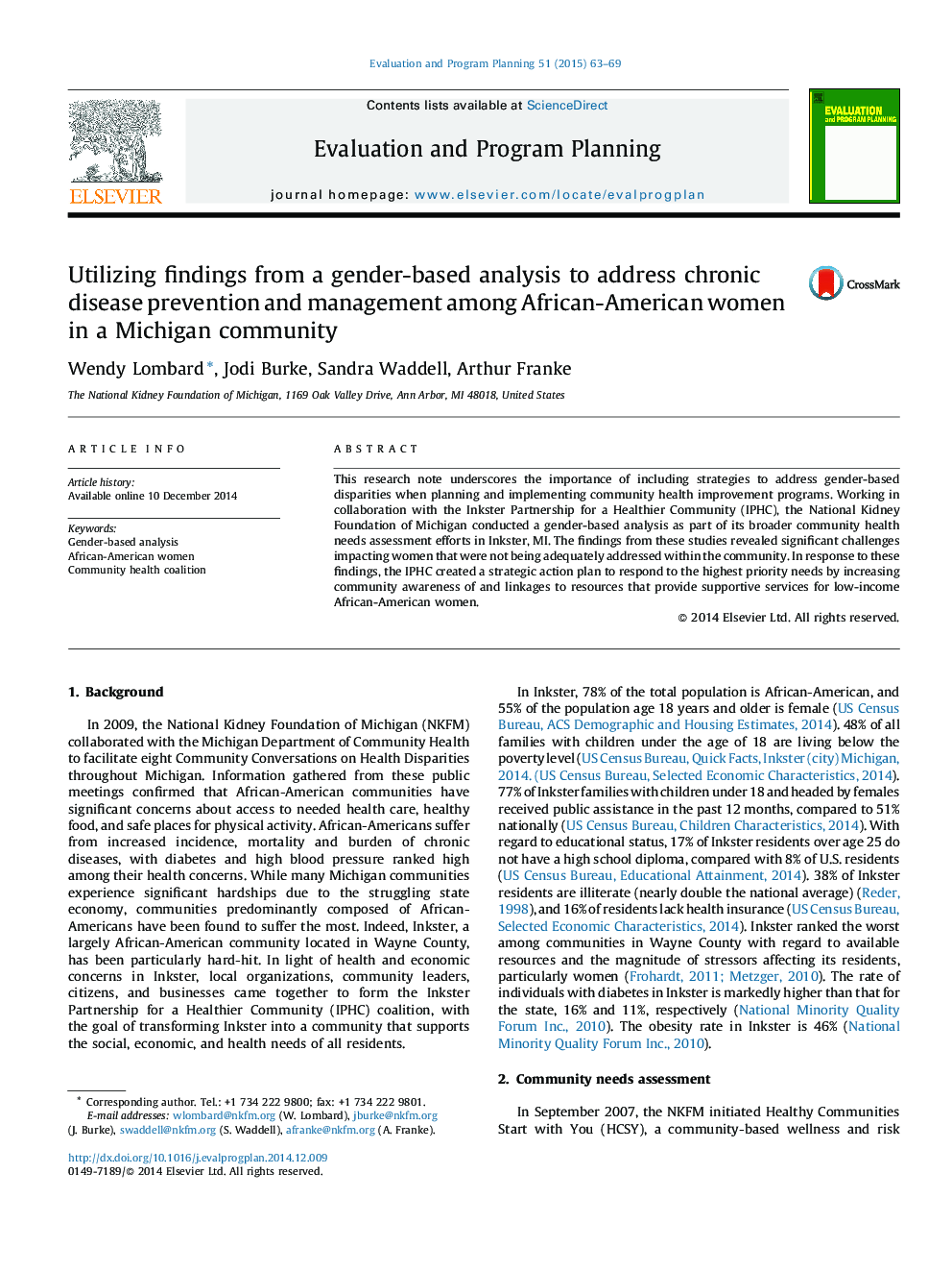 استفاده از یافته های تجزیه و تحلیل مبتنی بر جنسیت برای رسیدگی به پیشگیری از بیماری های مزمن و مدیریت در میان زنان آمریکایی آفریقایی تبار در جامعه میشیگان