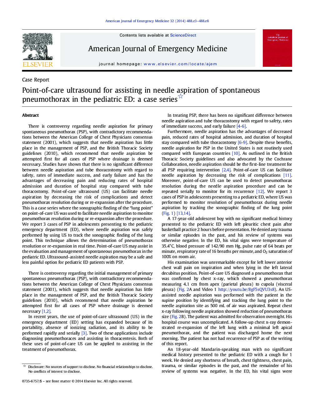 Point-of-care ultrasound for assisting in needle aspiration of spontaneous pneumothorax in the pediatric ED: a case series