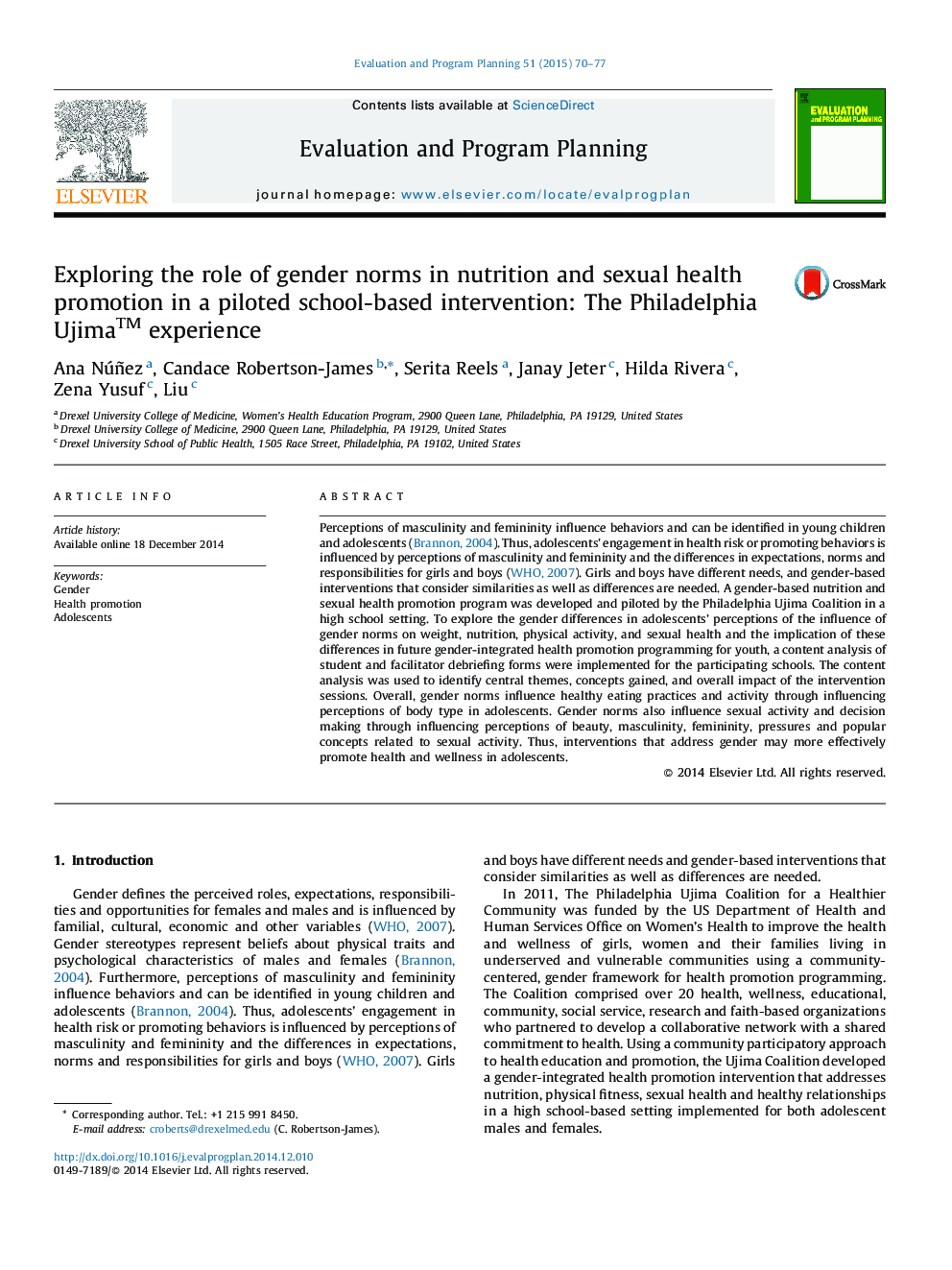 Exploring the role of gender norms in nutrition and sexual health promotion in a piloted school-based intervention: The Philadelphia Ujima™ experience