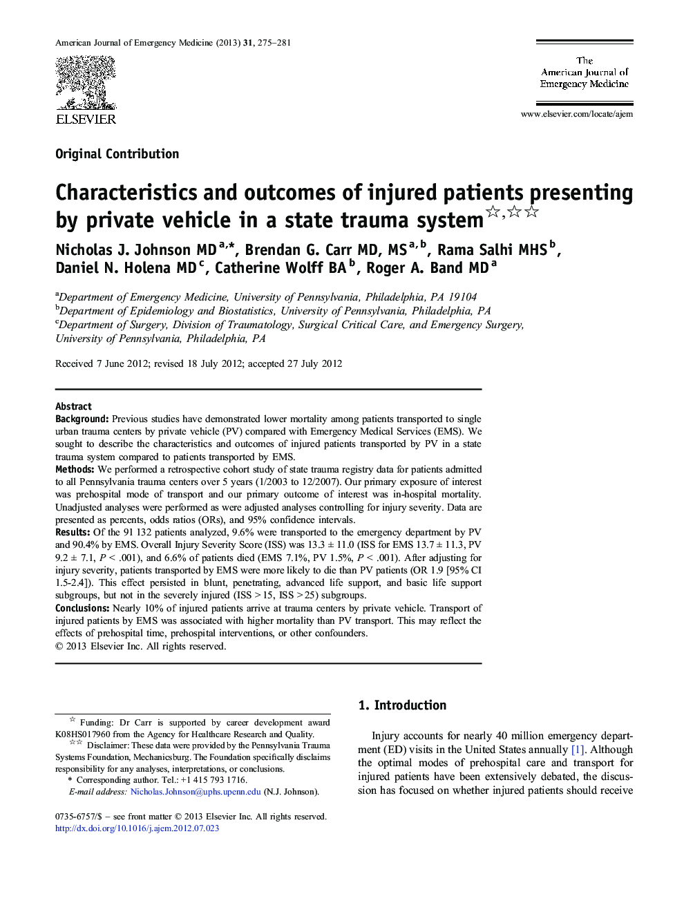 Characteristics and outcomes of injured patients presenting by private vehicle in a state trauma system 