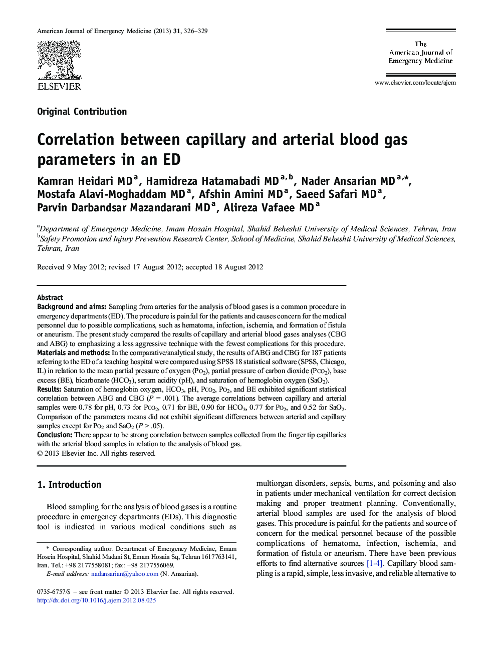 Correlation between capillary and arterial blood gas parameters in an ED