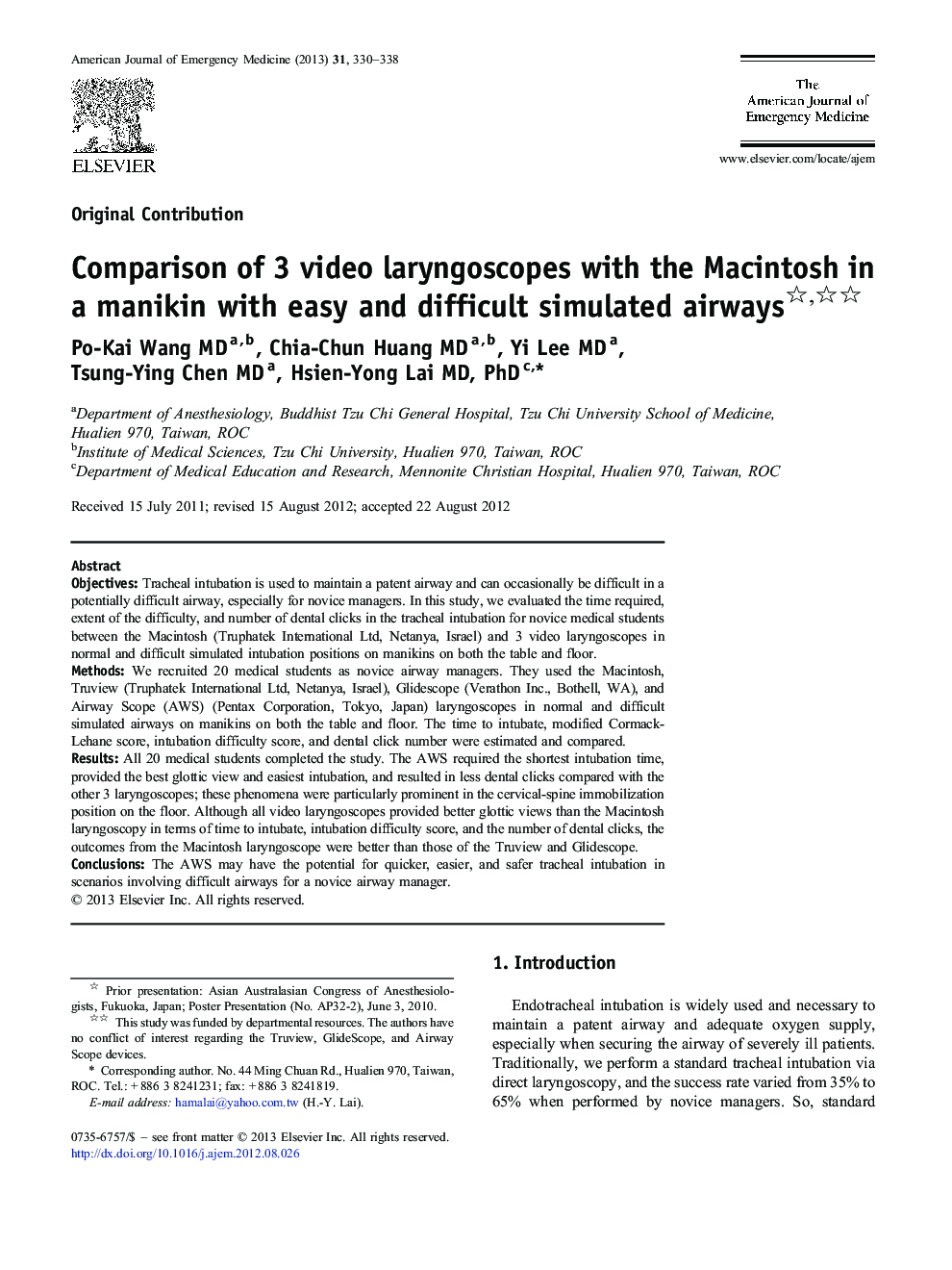 Comparison of 3 video laryngoscopes with the Macintosh in a manikin with easy and difficult simulated airways 