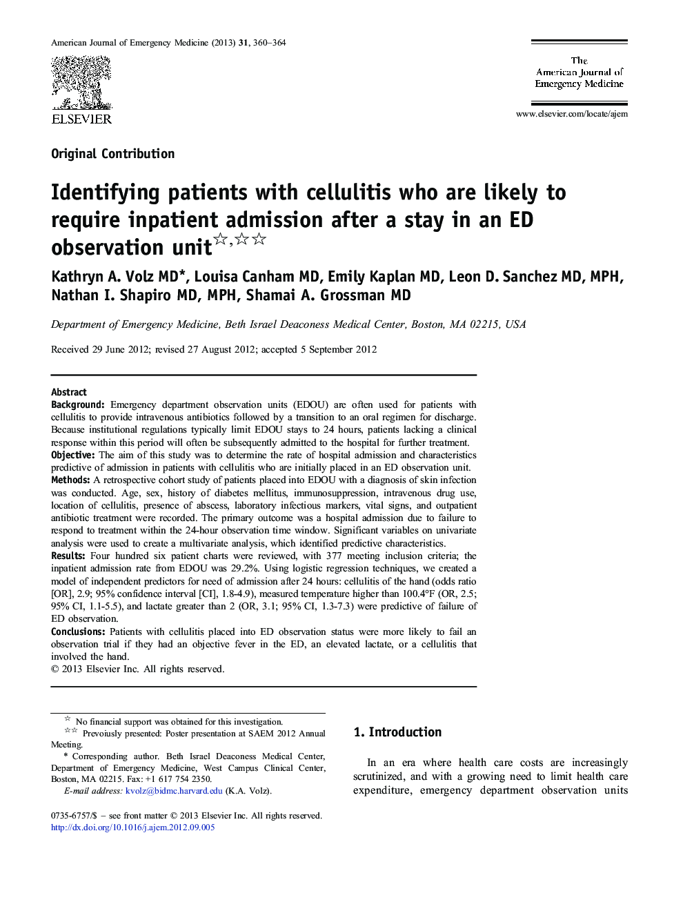 Identifying patients with cellulitis who are likely to require inpatient admission after a stay in an ED observation unit 