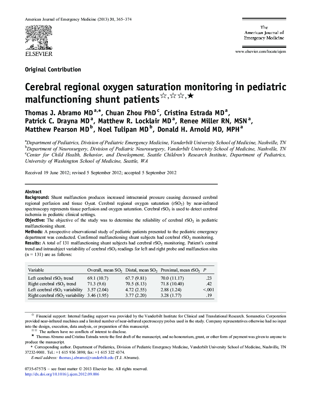 Cerebral regional oxygen saturation monitoring in pediatric malfunctioning shunt patients ★