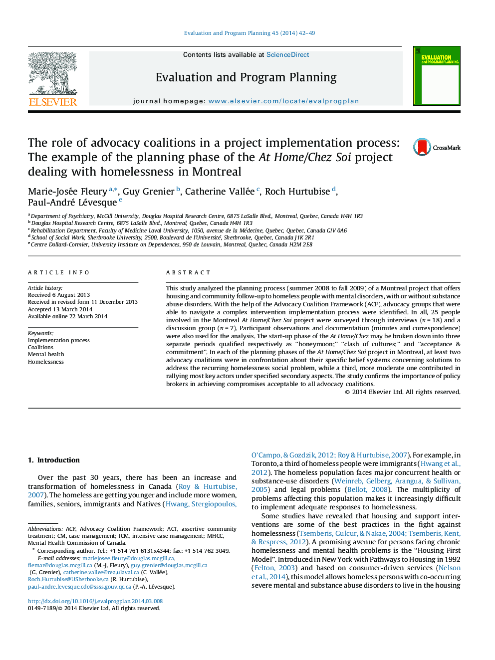 The role of advocacy coalitions in a project implementation process: The example of the planning phase of the At Home/Chez Soi project dealing with homelessness in Montreal