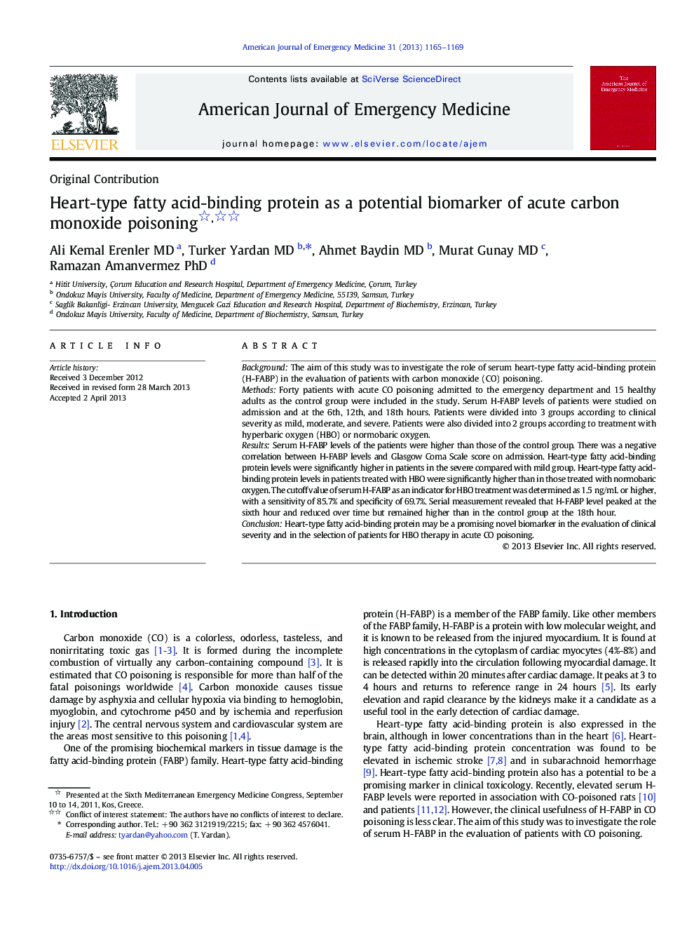 Heart-type fatty acid-binding protein as a potential biomarker of acute carbon monoxide poisoning 