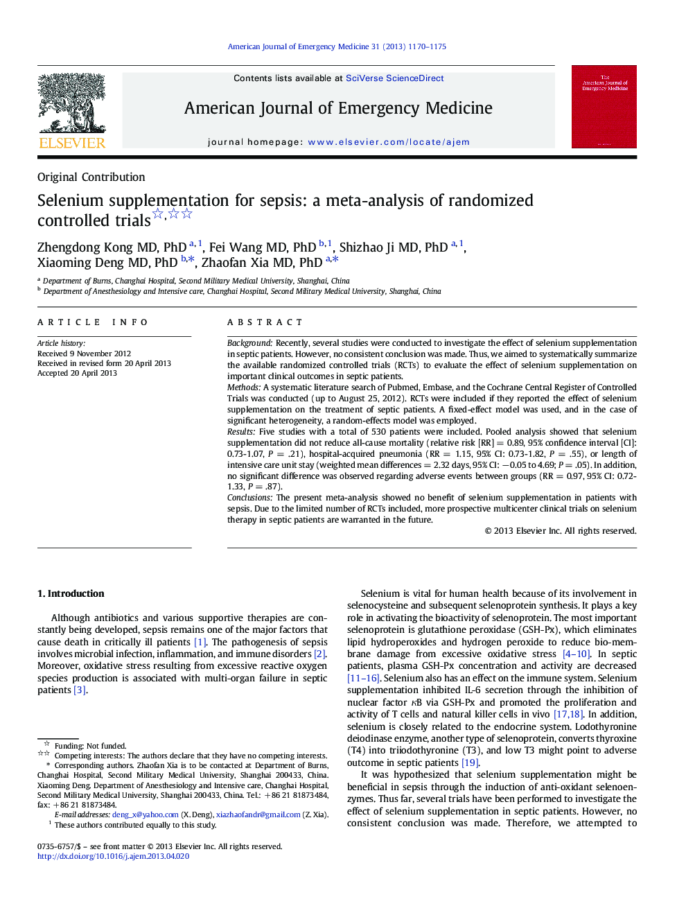 Selenium supplementation for sepsis: a meta-analysis of randomized controlled trials 