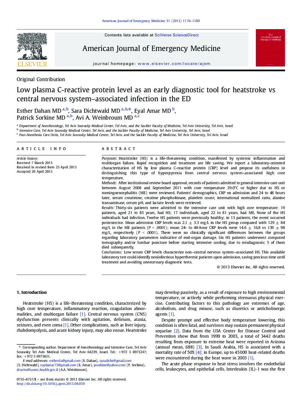 Low plasma C-reactive protein level as an early diagnostic tool for heatstroke vs central nervous system-associated infection in the ED