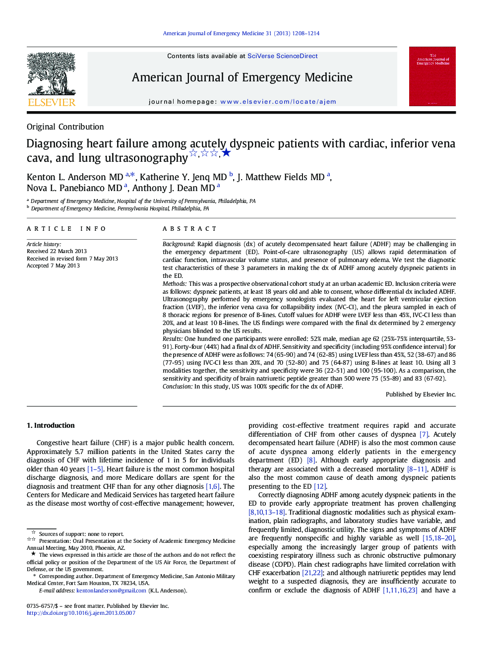 Diagnosing heart failure among acutely dyspneic patients with cardiac, inferior vena cava, and lung ultrasonography ★