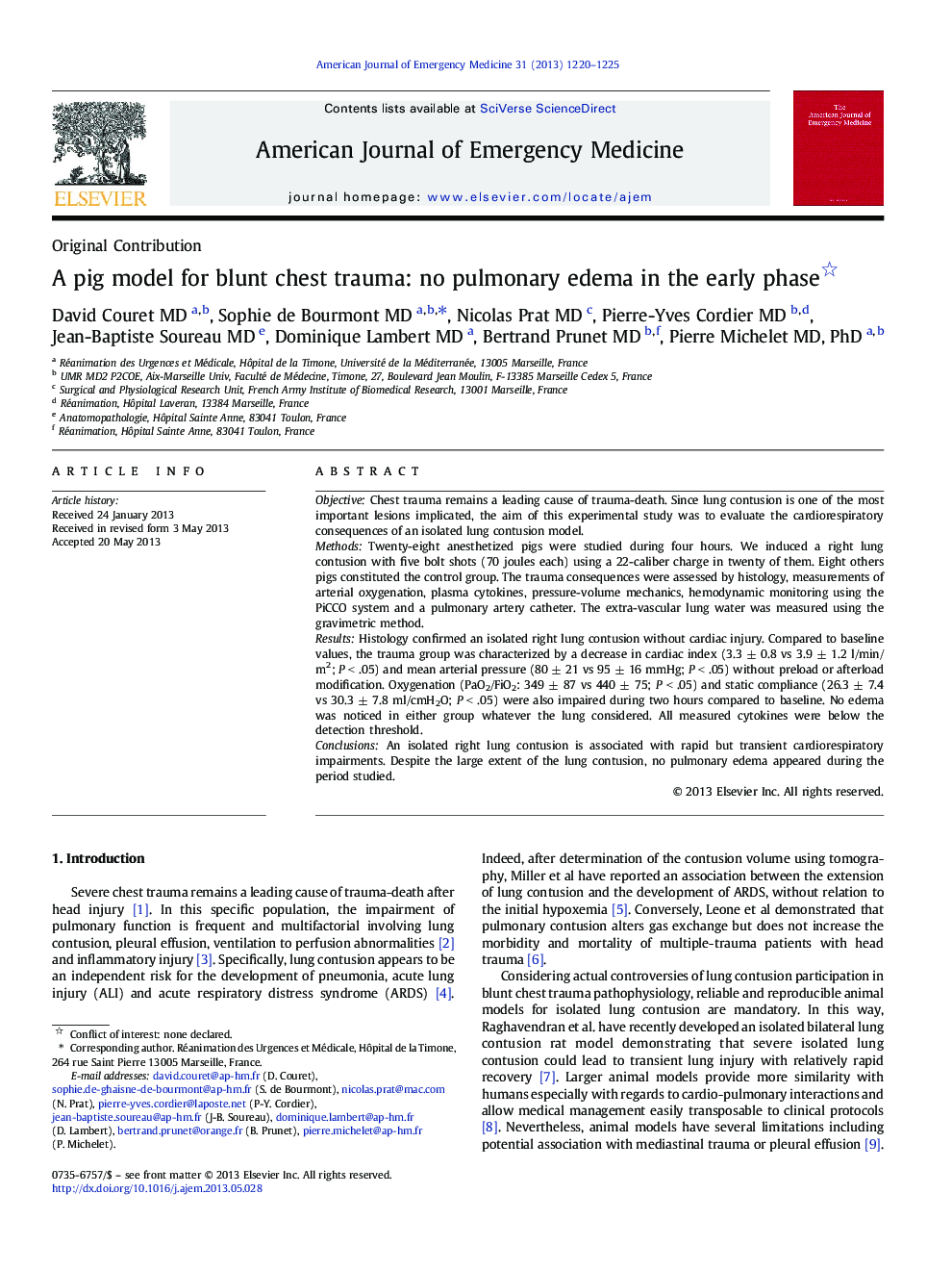 A pig model for blunt chest trauma: no pulmonary edema in the early phase 