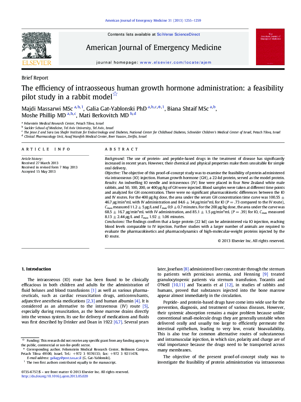 The efficiency of intraosseous human growth hormone administration: a feasibility pilot study in a rabbit model