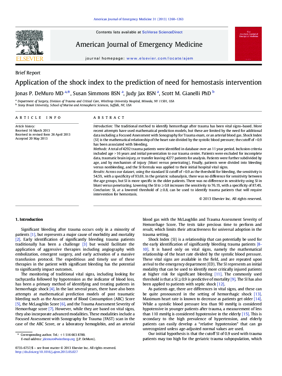 Application of the shock index to the prediction of need for hemostasis intervention