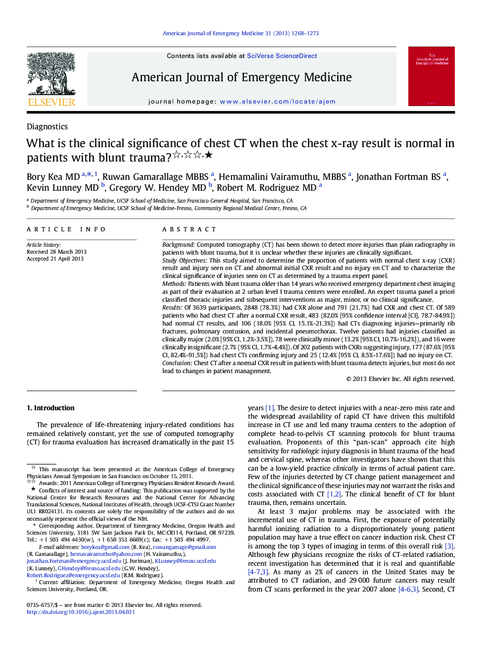 What is the clinical significance of chest CT when the chest x-ray result is normal in patients with blunt trauma? ★