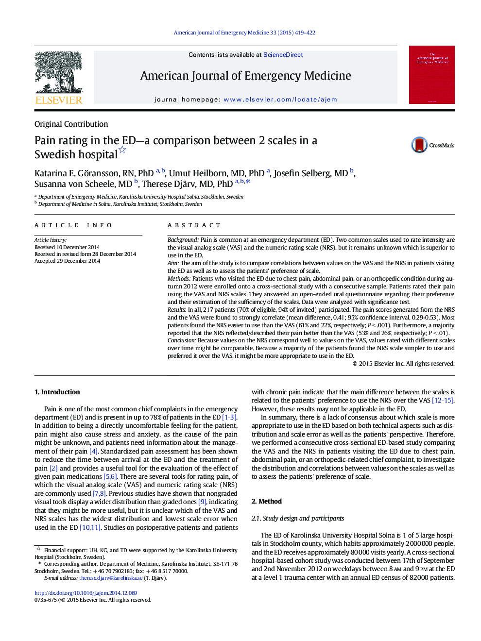 Pain rating in the ED—a comparison between 2 scales in a Swedish hospital 