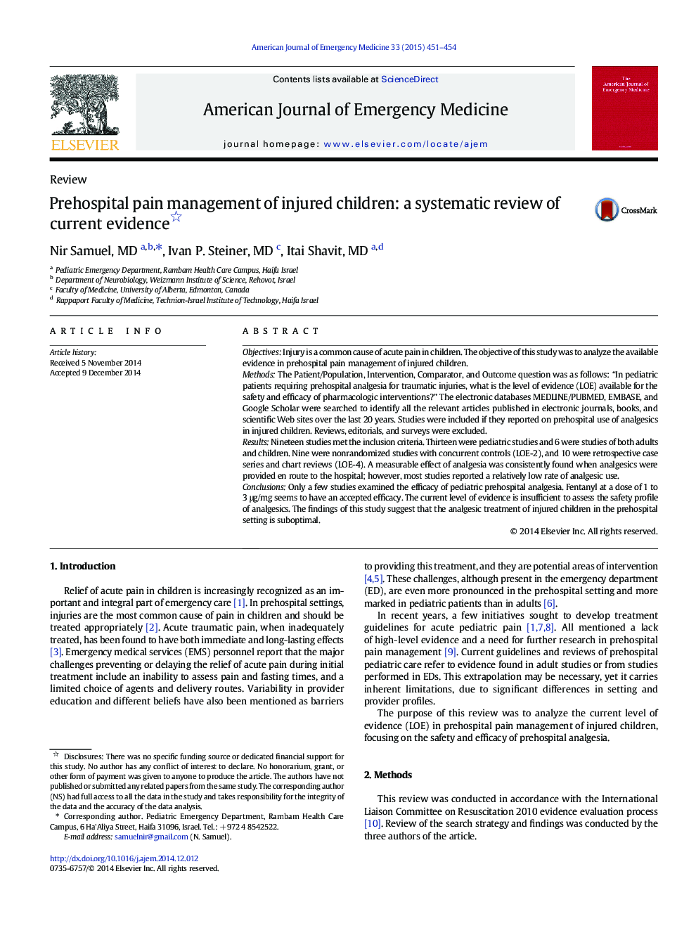 Prehospital pain management of injured children: a systematic review of current evidence 