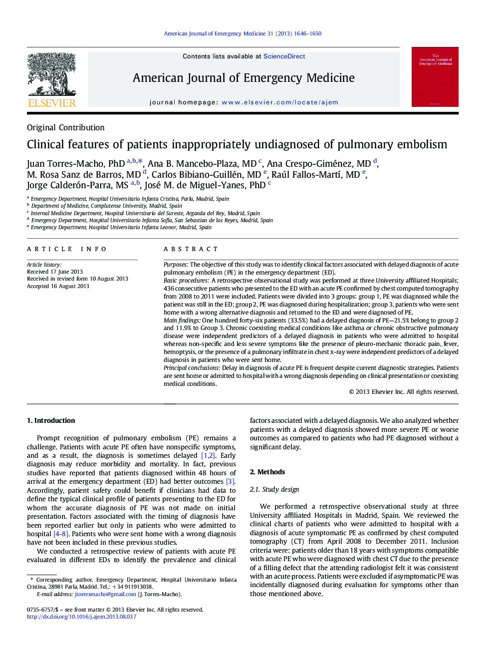 Clinical features of patients inappropriately undiagnosed of pulmonary embolism
