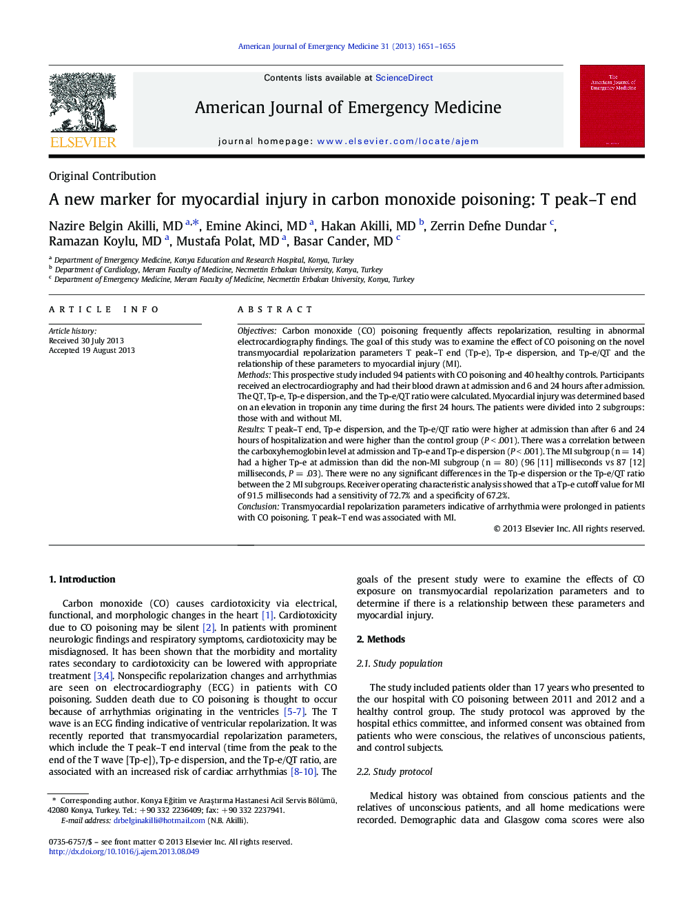 A new marker for myocardial injury in carbon monoxide poisoning: T peak–T end