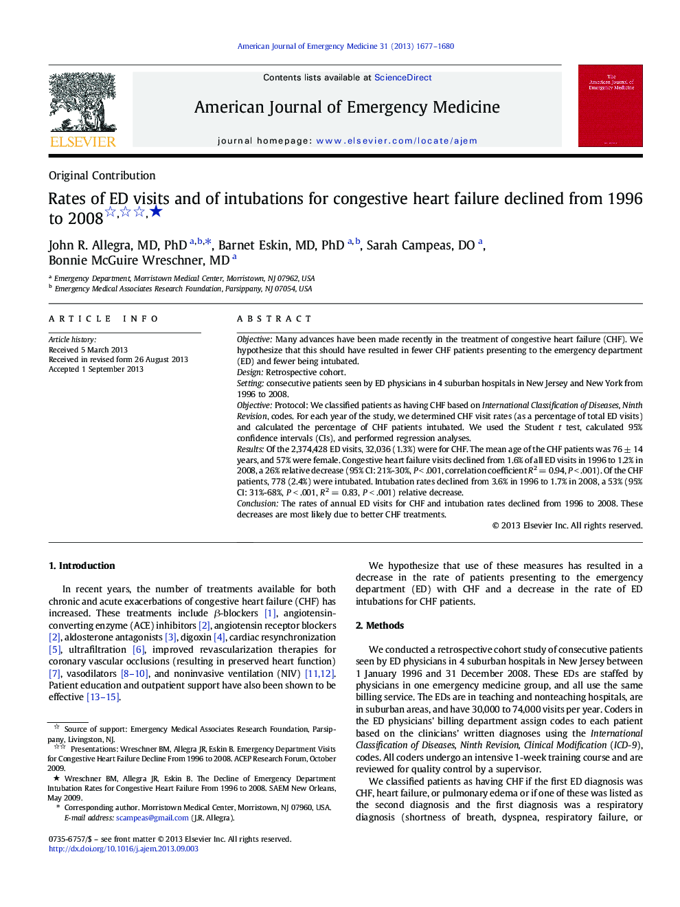 Rates of ED visits and of intubations for congestive heart failure declined from 1996 to 2008 ★