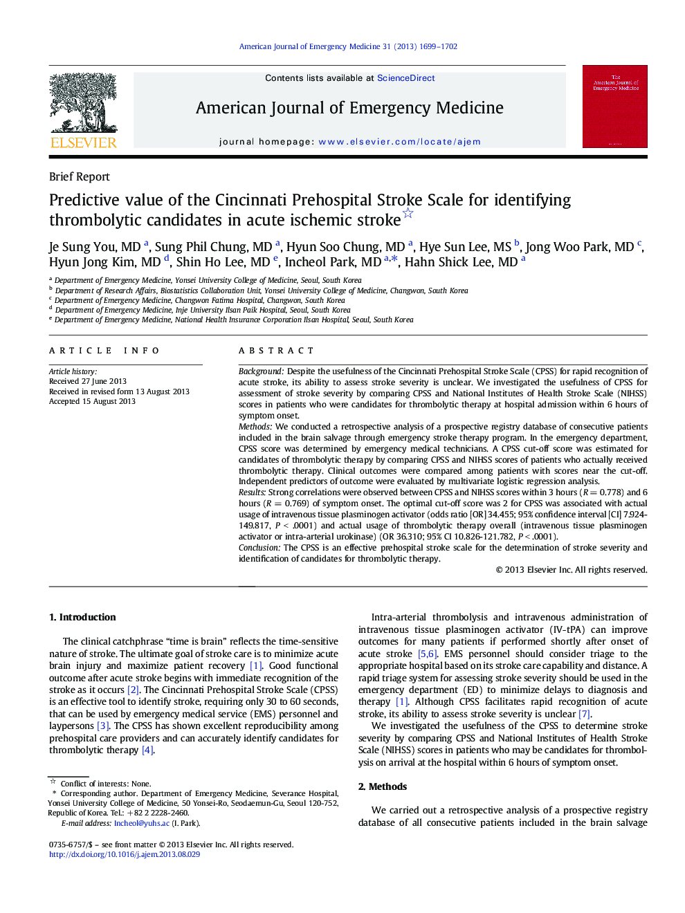 Predictive value of the Cincinnati Prehospital Stroke Scale for identifying thrombolytic candidates in acute ischemic stroke 