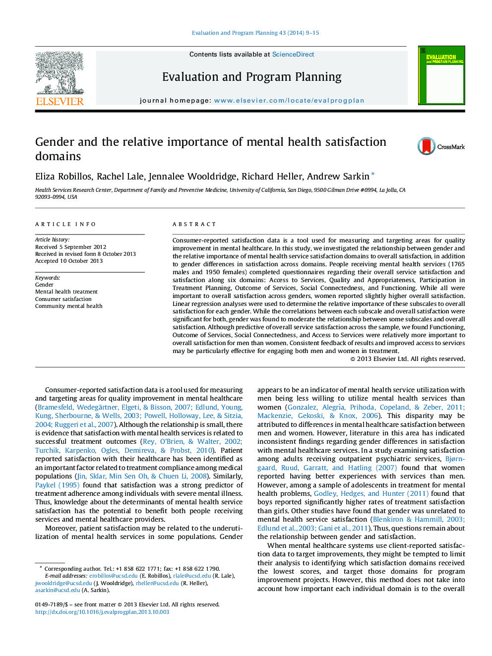 Gender and the relative importance of mental health satisfaction domains