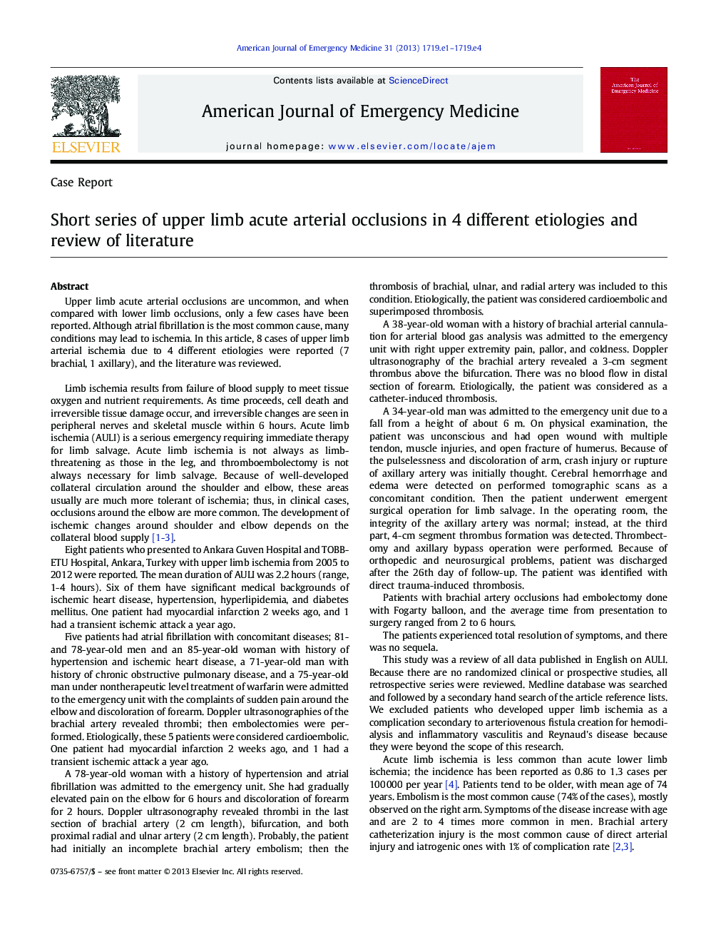 Short series of upper limb acute arterial occlusions in 4 different etiologies and review of literature