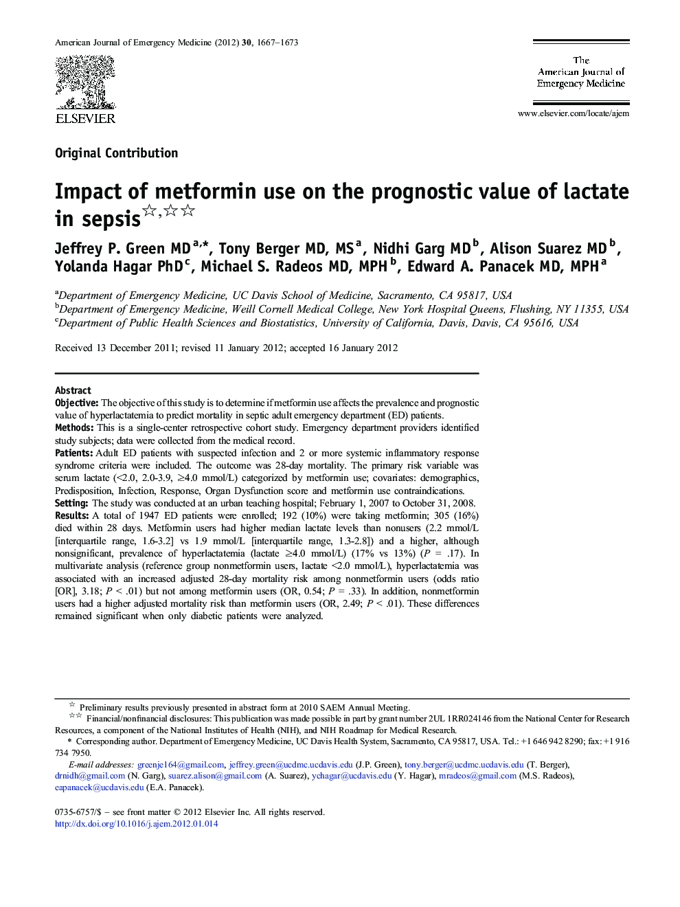 Impact of metformin use on the prognostic value of lactate in sepsis 