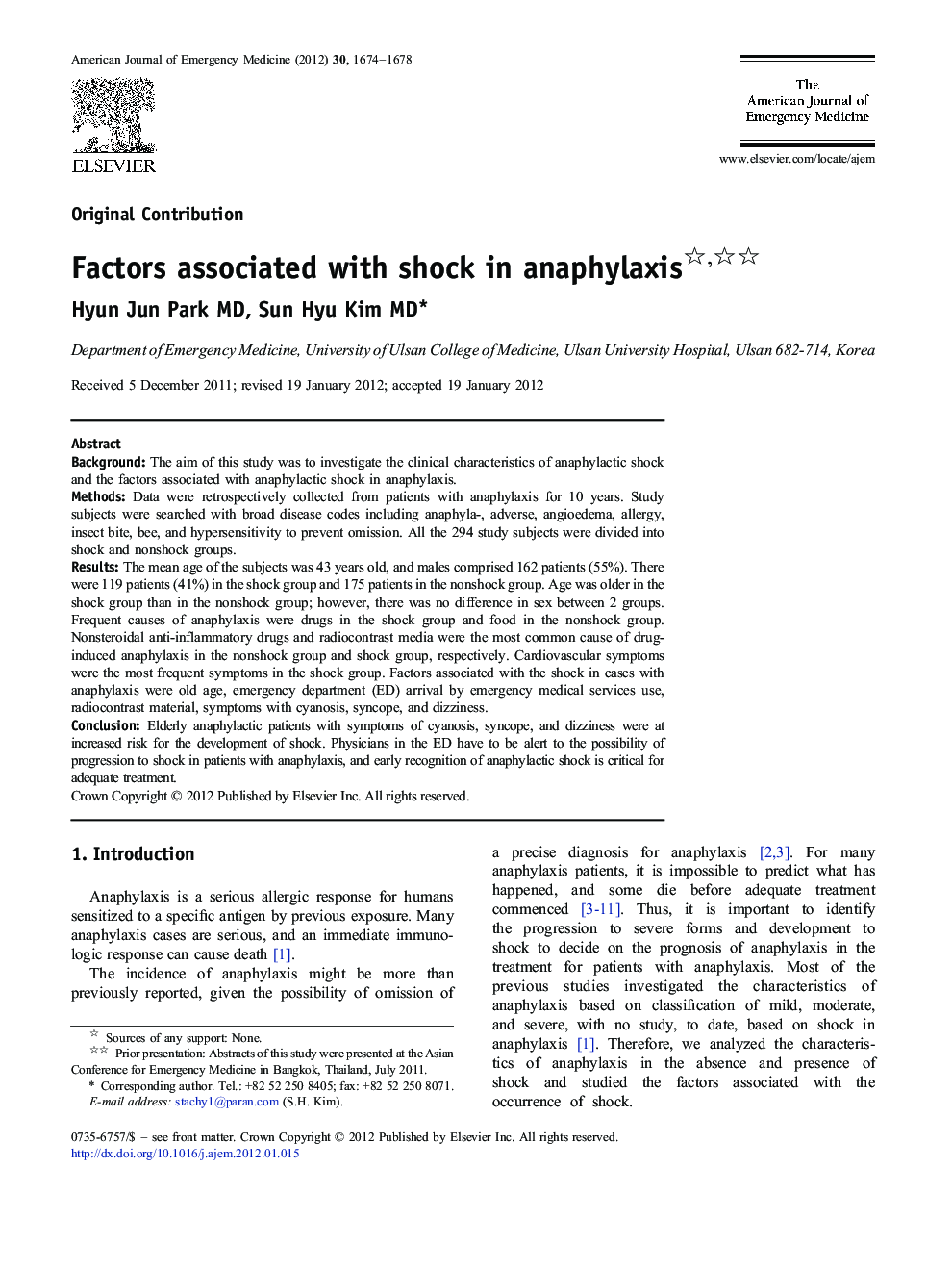 Factors associated with shock in anaphylaxis 