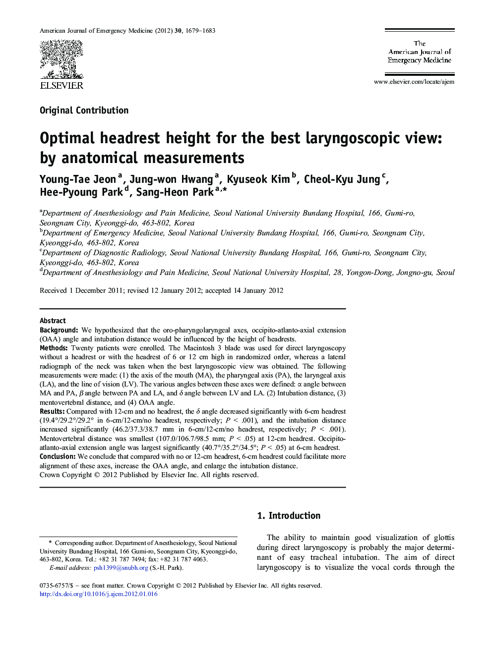 Optimal headrest height for the best laryngoscopic view: by anatomical measurements