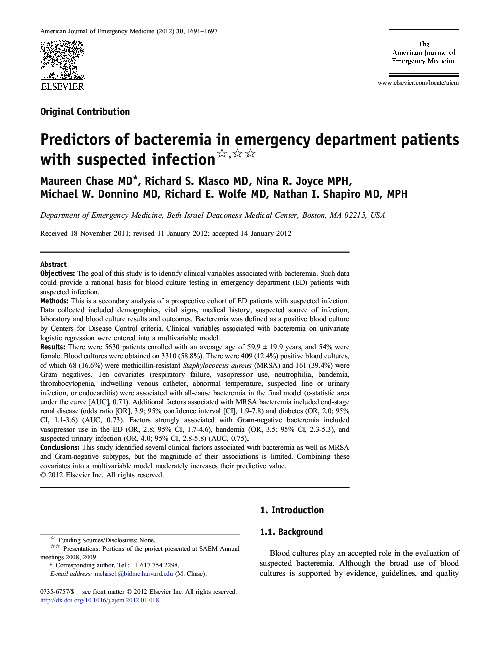 Predictors of bacteremia in emergency department patients with suspected infection 