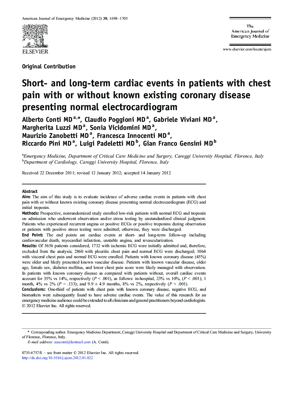 Short- and long-term cardiac events in patients with chest pain with or without known existing coronary disease presenting normal electrocardiogram