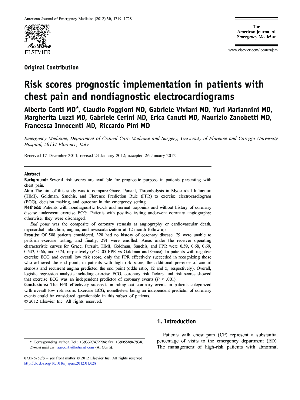 Risk scores prognostic implementation in patients with chest pain and nondiagnostic electrocardiograms