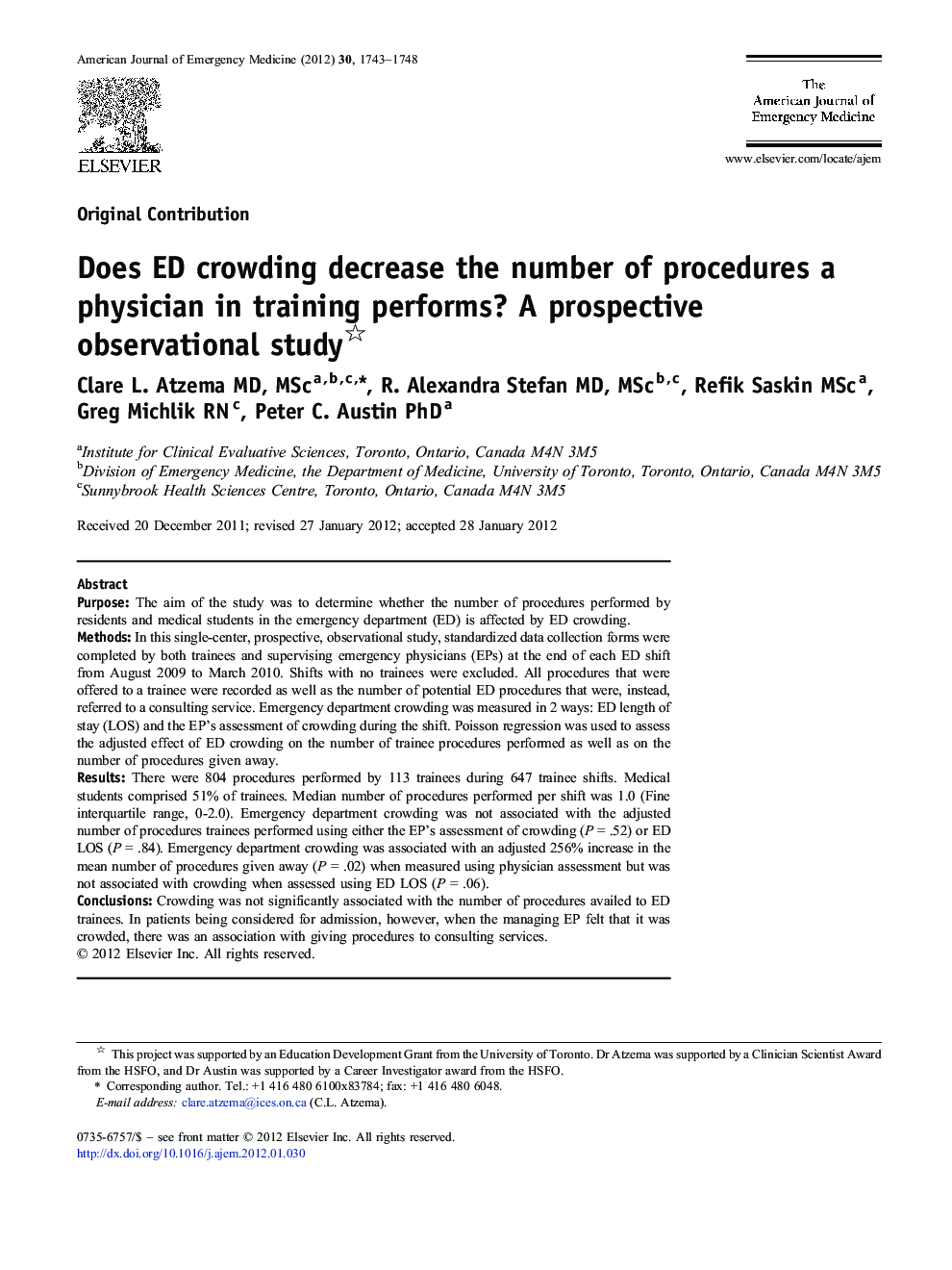 Does ED crowding decrease the number of procedures a physician in training performs? A prospective observational study