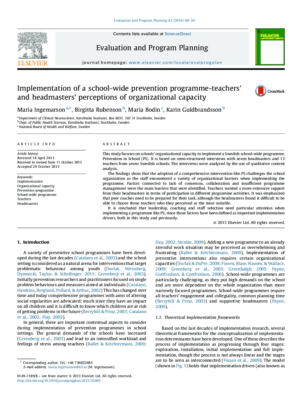 Implementation of a school-wide prevention programme-teachers’ and headmasters’ perceptions of organizational capacity