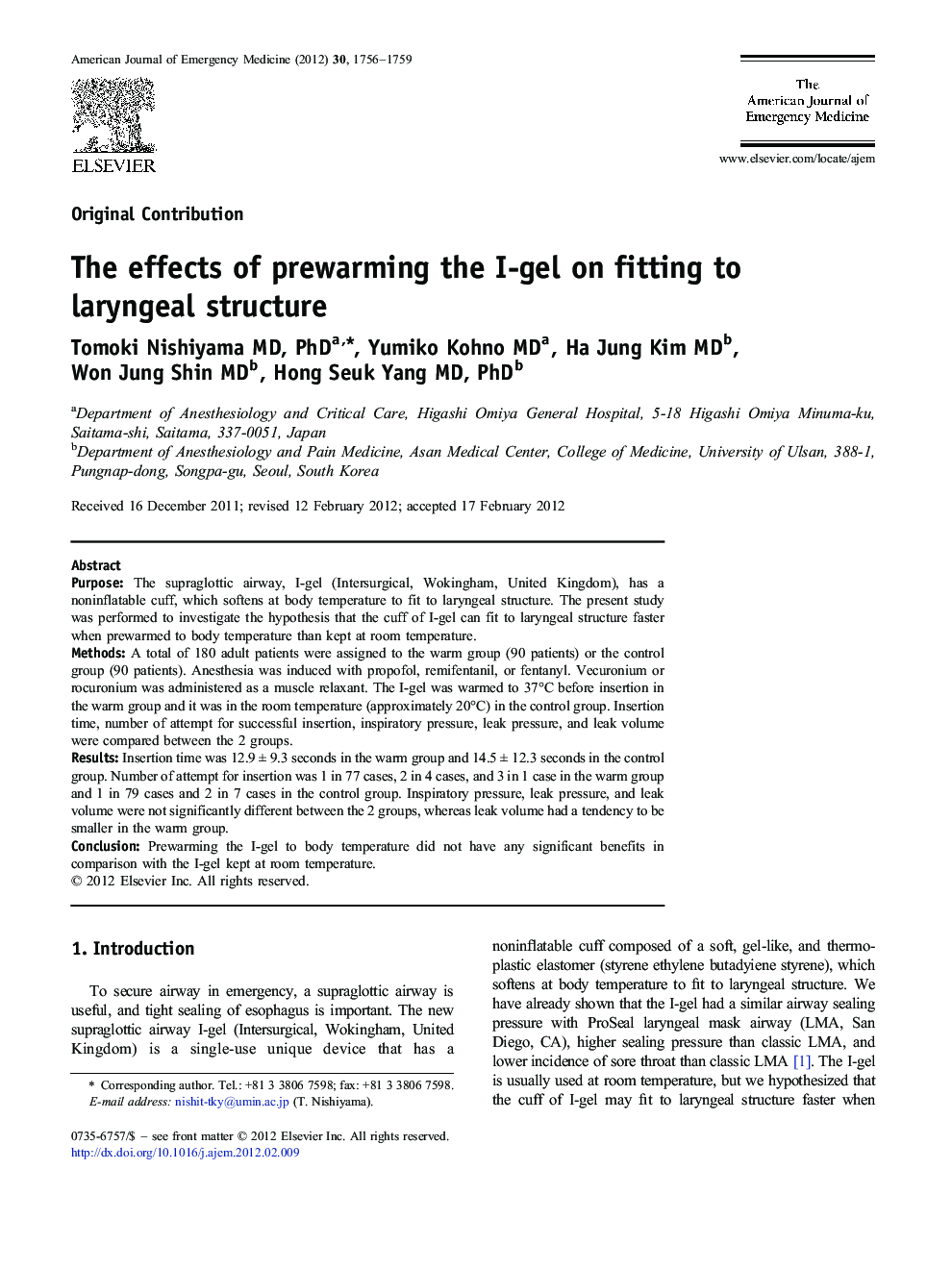 The effects of prewarming the I-gel on fitting to laryngeal structure