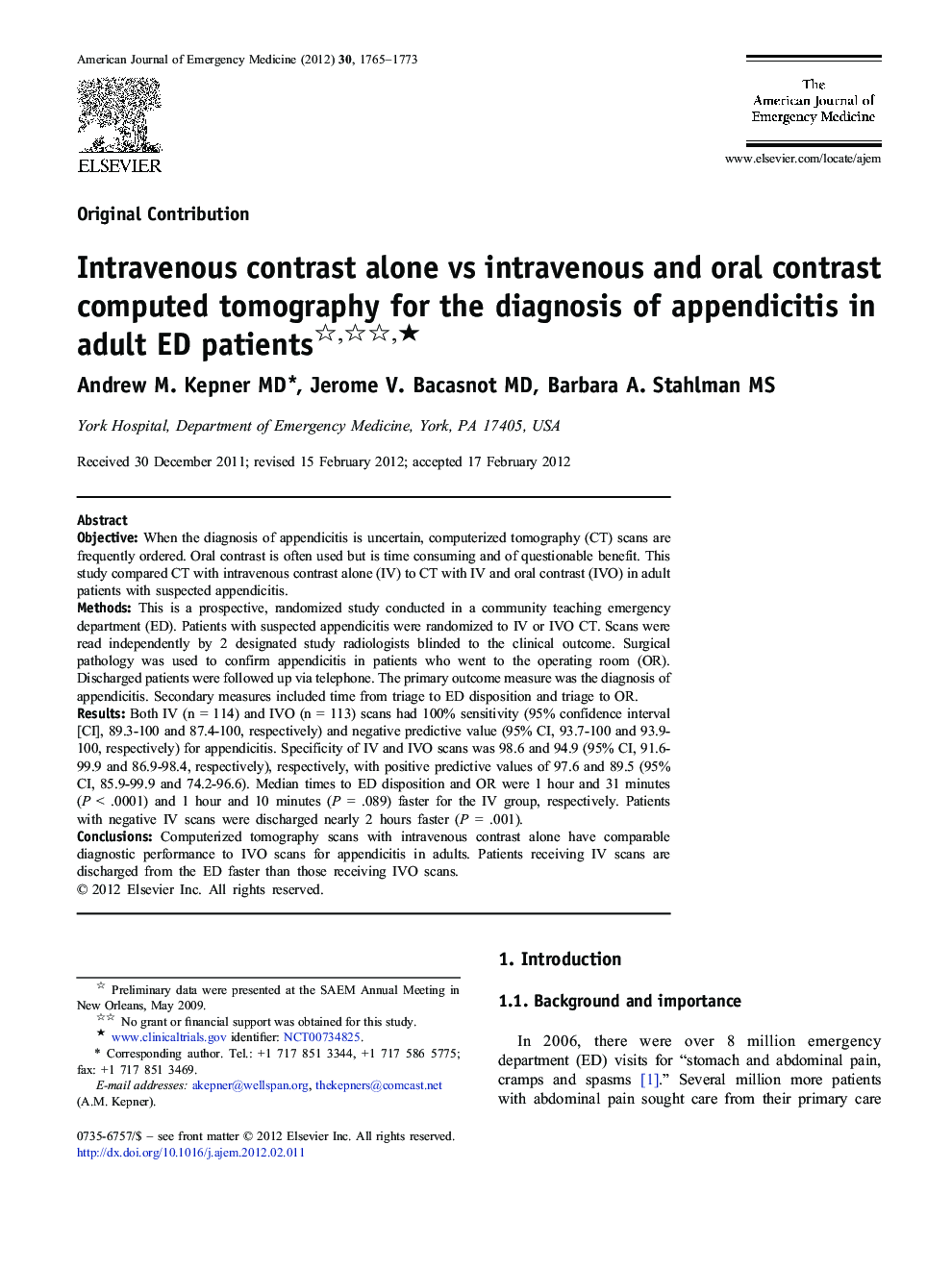 Intravenous contrast alone vs intravenous and oral contrast computed tomography for the diagnosis of appendicitis in adult ED patients ★