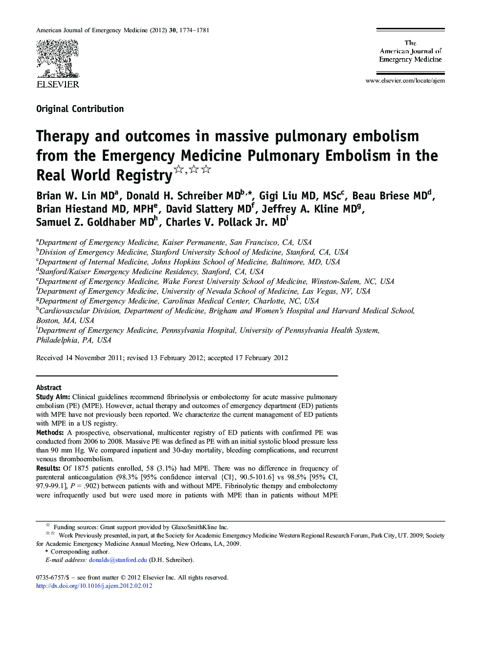 Therapy and outcomes in massive pulmonary embolism from the Emergency Medicine Pulmonary Embolism in the Real World Registry 