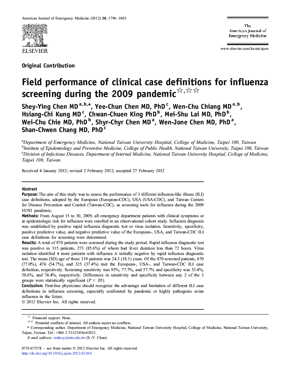 Field performance of clinical case definitions for influenza screening during the 2009 pandemic 