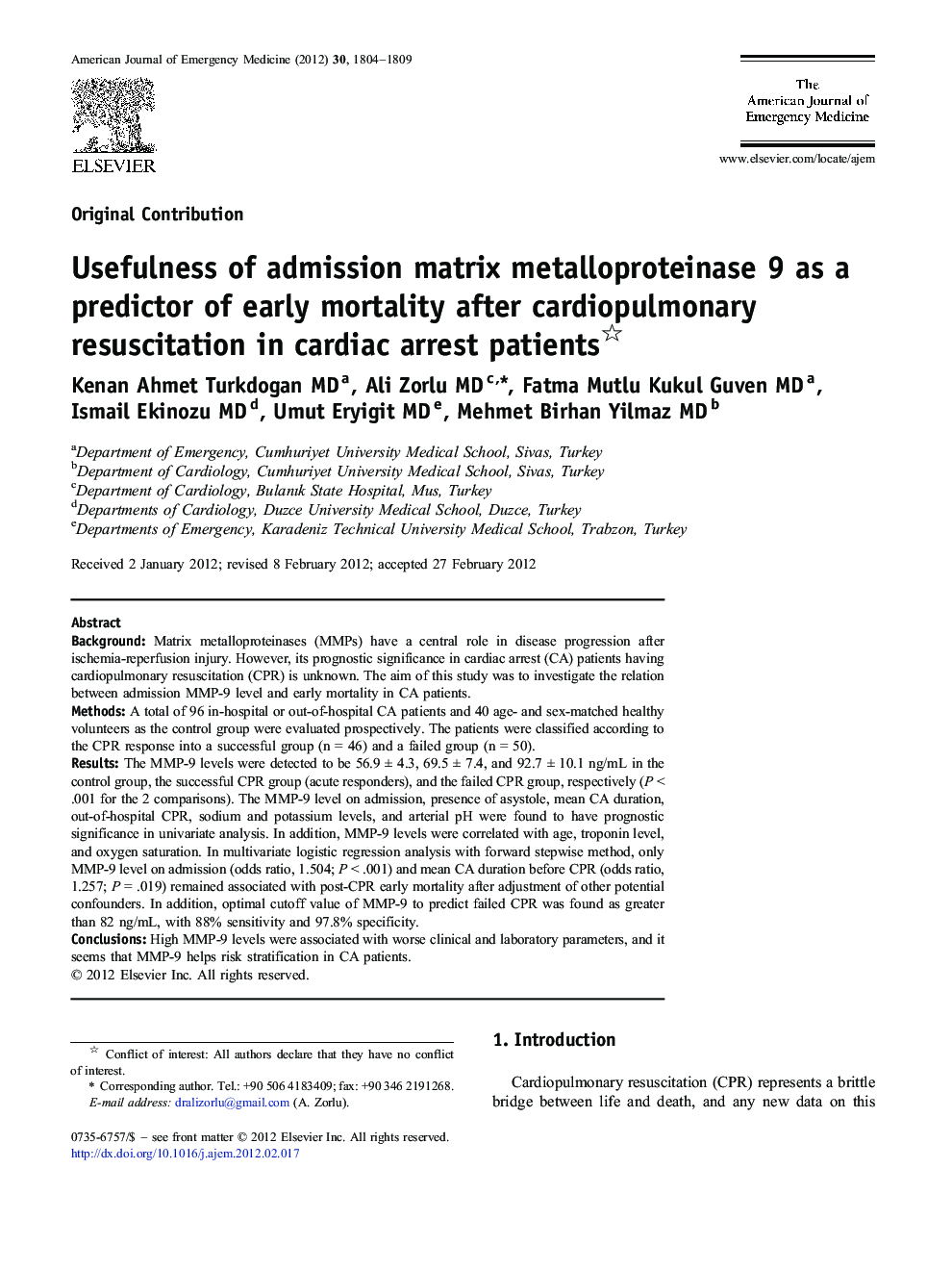 Usefulness of admission matrix metalloproteinase 9 as a predictor of early mortality after cardiopulmonary resuscitation in cardiac arrest patients 