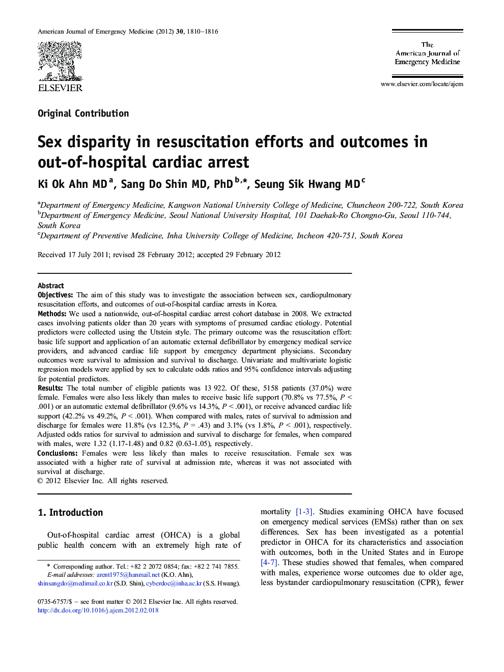 Sex disparity in resuscitation efforts and outcomes in out-of-hospital cardiac arrest