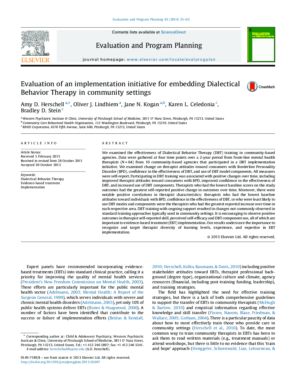 Evaluation of an implementation initiative for embedding Dialectical Behavior Therapy in community settings