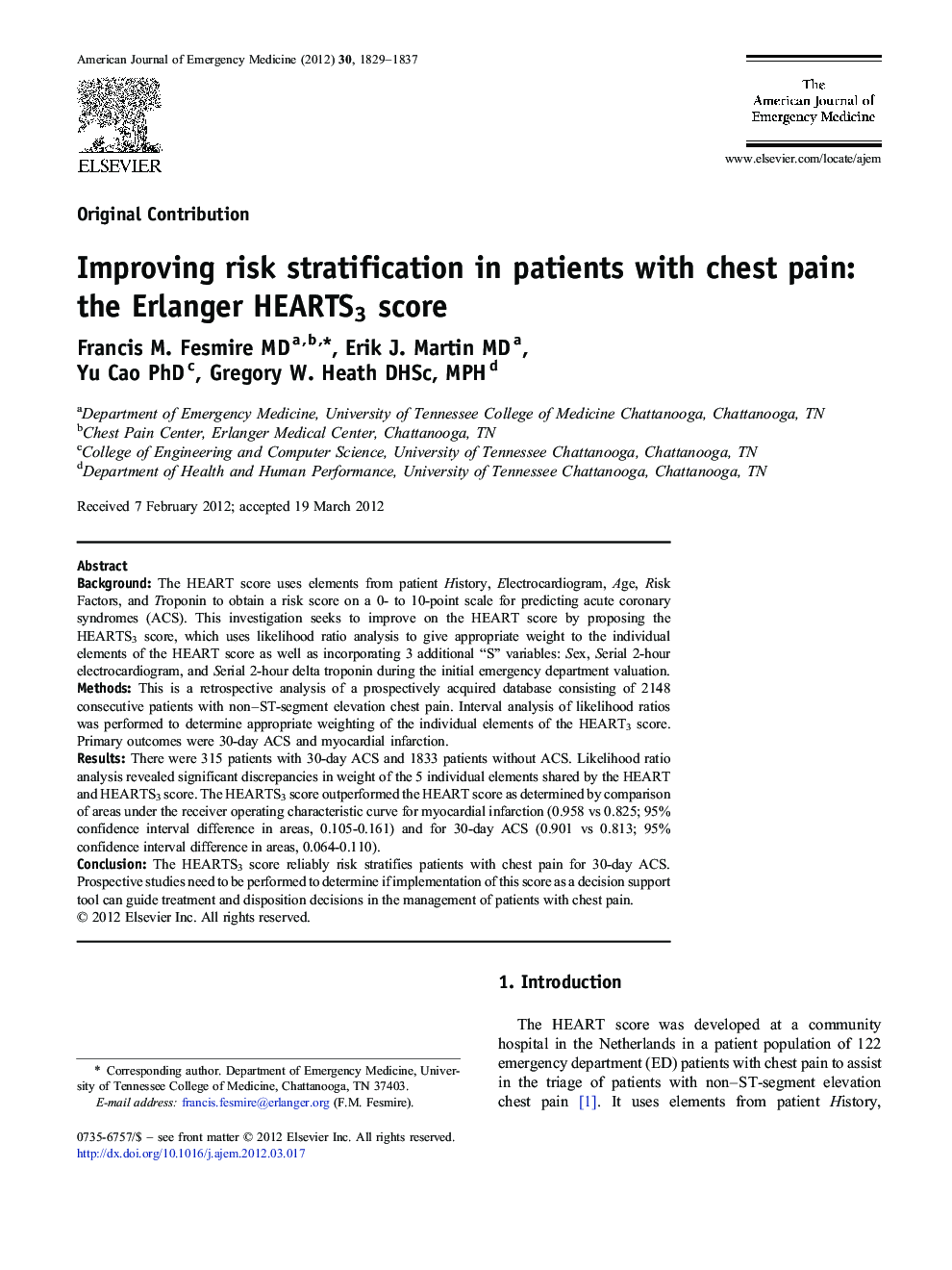 Improving risk stratification in patients with chest pain: the Erlanger HEARTS3 score